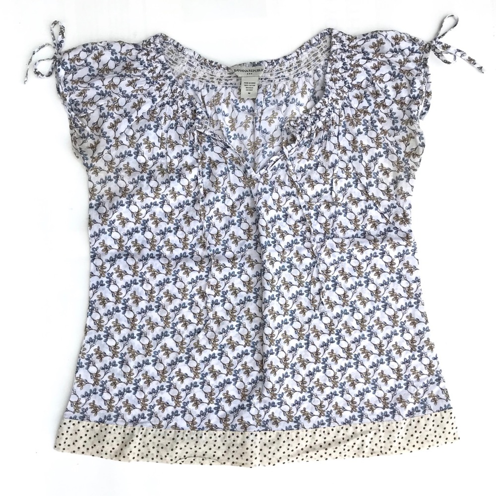 Banana Republic Blue White Brown Tie Sleeve Floral Cotton Top, Sz Medium